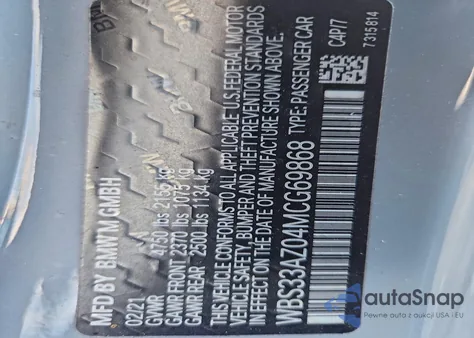 2021 BMW M4 Competition из США, поврежденный, VIN WBS33AZ04MCG69868